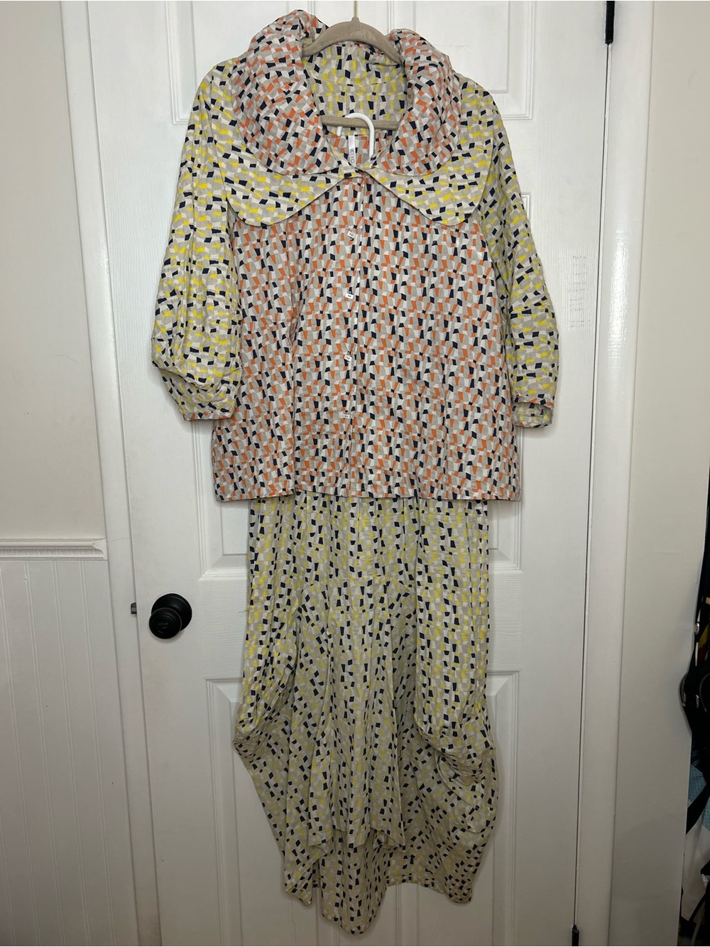 Kiyo Crinkle Double Collar Blouse Midi Skirt Set Lagenlook Art to Wear Crinkle